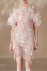 Feather Crystal-Strap Mini Dress in Pink