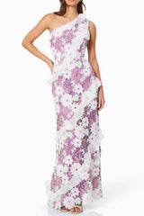 Floral One Shoulder Lace Maxi Dress in Purple