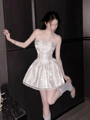 Adele White Sweetheart A-line Satin Mini Dress