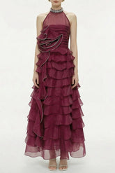 Red 3D Ruffled Rhinestone Embellished Maxi Dress