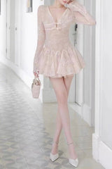 Long-Sleeve V-Neck Lace A-Line Mini Dress in Pink