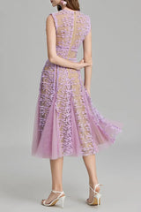 3D Embroidered Lace Mesh Midi Dress in Purple