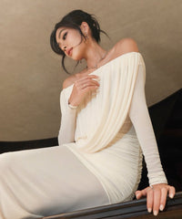 Cara Off-Shoulder Long Sleeve Mesh Maxi Dress in White