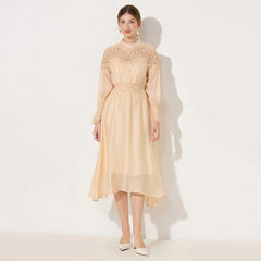 Cecilia Lantern Sleeves Openwork Trim Midi Dress