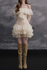 Off Shoulder Lace Ruffle Mini Dress
