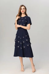 3D Flower Midi Dress in Navy Blue