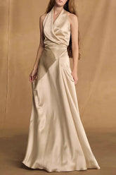 Champagne Crepe Bias-Cut Satin Halter Maxi Dress