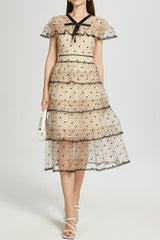 Floral Embroidery Mesh Midi Dress in Apricot