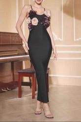 3D Flower Strap Maxi Dress in Black