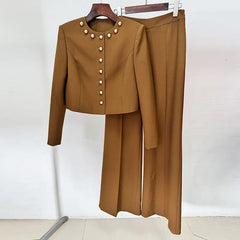 Brown Button-Decorated Short Jacket Two-Piece Set