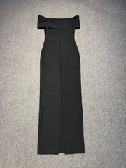 Off-Shoulder Rhinestone Bandage Maxi Dress in Black
