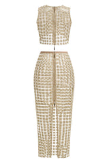 Sheer Plaid Maxi Skirt Two Piece of Set