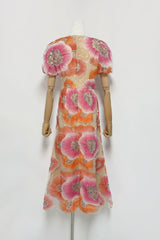 Puff Sleeve Floral Midi Dress in Pink