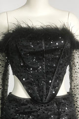Black Off-Shoulder Top Short Mesh Skirt Set