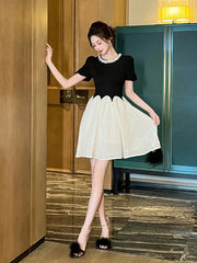 Black-White Rhinestone Neck Sequin Mini Dress