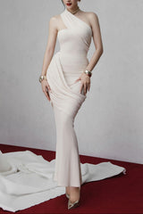 Asymmetrical Off-Shoulder Ruffled Maxi Dress - White