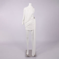 Off-Shoulder Single-Sleeve Bodycon Ribbon Mini Dress - White