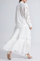 Splicing Flapped Lace Hollow Midi Dress in White