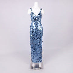 Deep V-Neck Sequin Column Gown in Blue