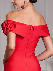 Red 3D Flower Bandage Midi Dress