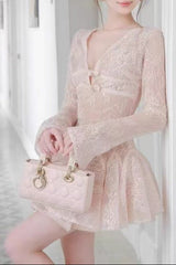Long-Sleeve V-Neck Lace A-Line Mini Dress in Pink