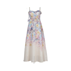 Floral Print Strap Midi Dress with 3D Flower Appliques
