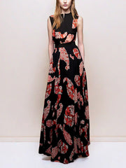 Black Printed V-neck Sleeveless Maxi Dress