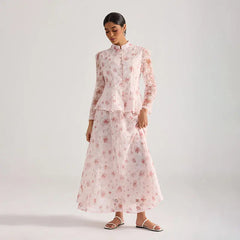 Pink Floral Embroidered Long-Sleeve Top Skirt Set