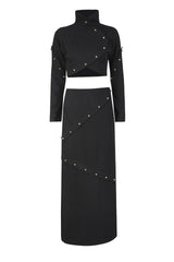 Button-Embellished Cotton-Jersey Top Maxi Skirt Suit in Black