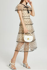 Floral Embroidery Mesh Midi Dress in Apricot