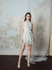 Green Ribbon Floral Wedding Guest Bridal Dress