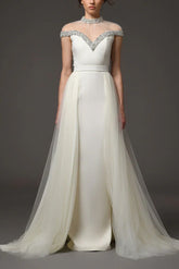 Mesh-Paneled Rhinestone-Embellished Maxi Dress - White
