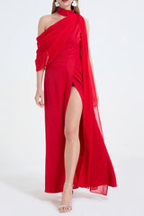 One-Shoulder Detachable Collar Maxi Dress in Red