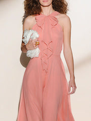 Pink Halter-Neck Midi Dress