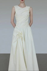Ruched A-Line Sleeveless Midi Dress in Apricot