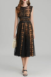 3D Embroidered Lace Mesh Midi Dress in Black