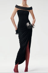 Black Off-shoulder Asymmetrical-High Maxi Dress