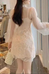 Floral Bead Embroidery Mini Dress in Apricot