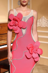 Diamond 3D Flower Sequin Bandage Maxi Dress in Rose Red
