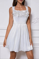 Satin Puffy Mini Dress in White