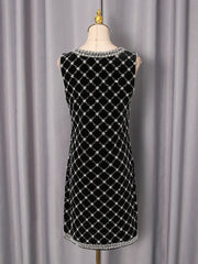 Black-white Plaid Diamond Sleeveless Mini Dress
