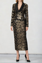 High-Waisted Skirt Gold Sequin Print Blazer Suit in Black