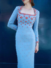 Square Neck Floral Beading Embroidery Maxi Dress in Sky Blue