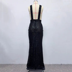 Sequin Embellished V Neck Maxi Dress in Black