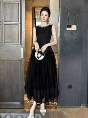 Black Neck Sleeveless Puffy Maxi Dress