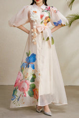Single-Breasted Floral Printed Puff Sleeve Maxi Dress in Apricot