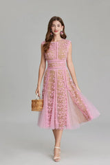 3D Embroidered Lace Mesh Midi Dress in Pink