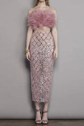Pink Feather Top Sequin Midi Skirt Set