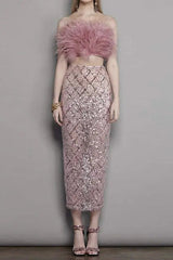 Pink Feather Top Sequin Midi Skirt Set