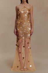 Sequin Embellished Backless Maxi Dress - Gold